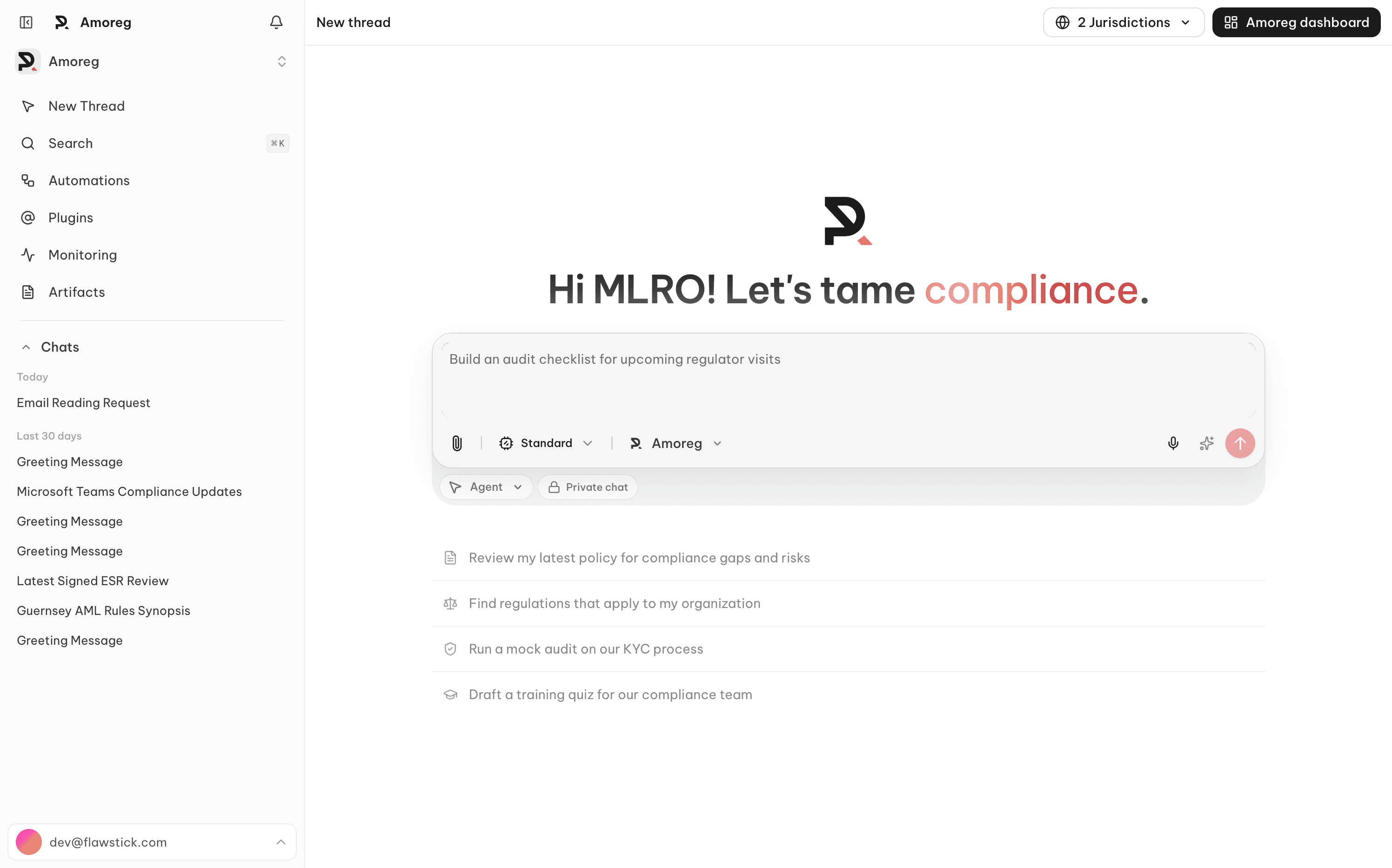 The Amoreg workspace with organization navigation, jurisdiction controls and the compliance assistant